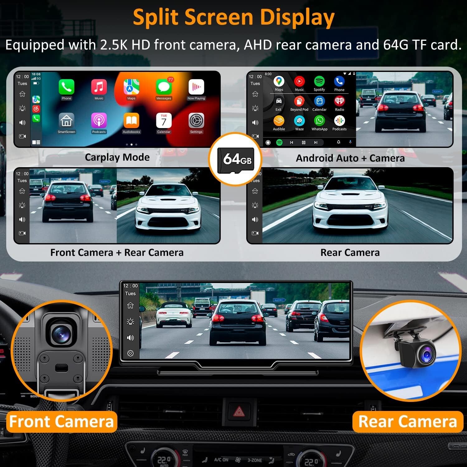 Portable Wireless Carplay Car Stereo with 2.5K Dash Cam-9.3" HD,1080p Backup Cam