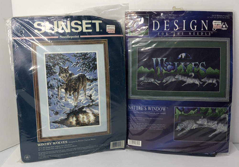 Sunset Needlepoint Wintry Wolves 12126 New in Package & Nature’s Window Wolves