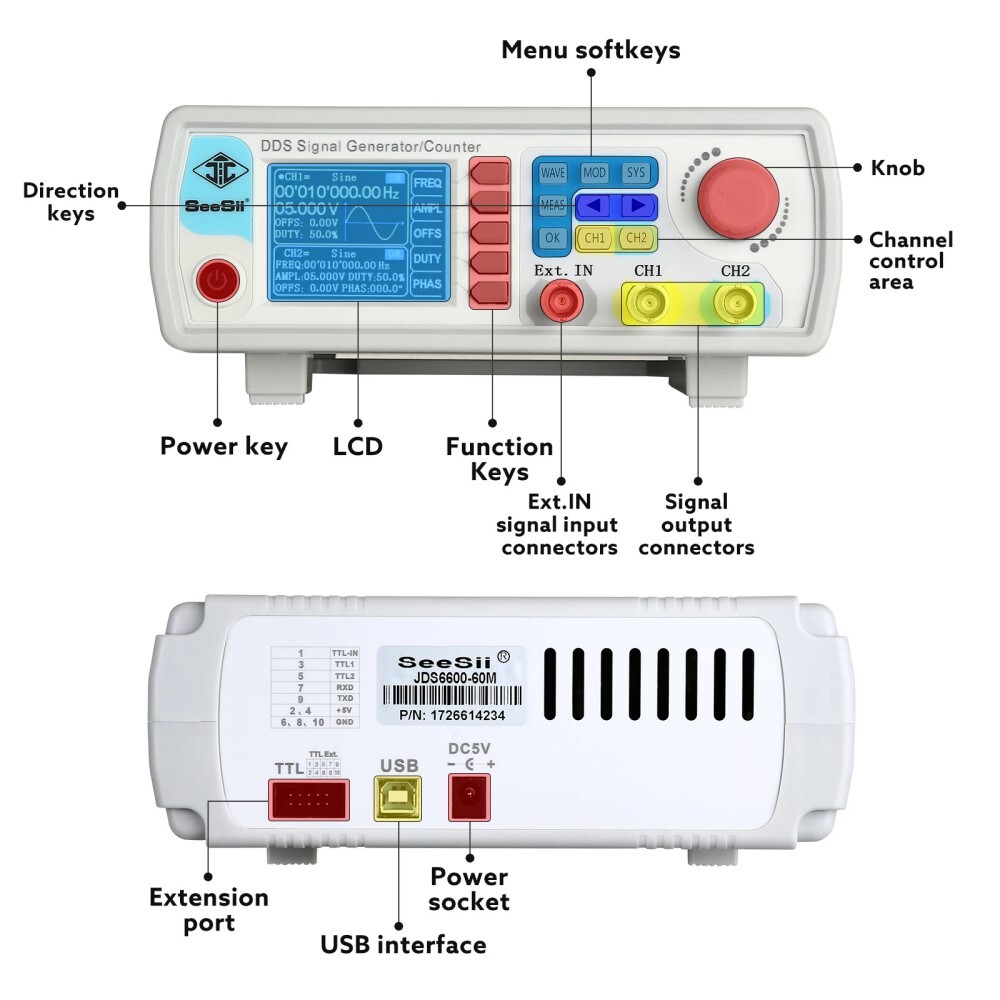 60MHz DDS 2-Channel Arbitrary Function Signal Generator Counter Frequency Meter