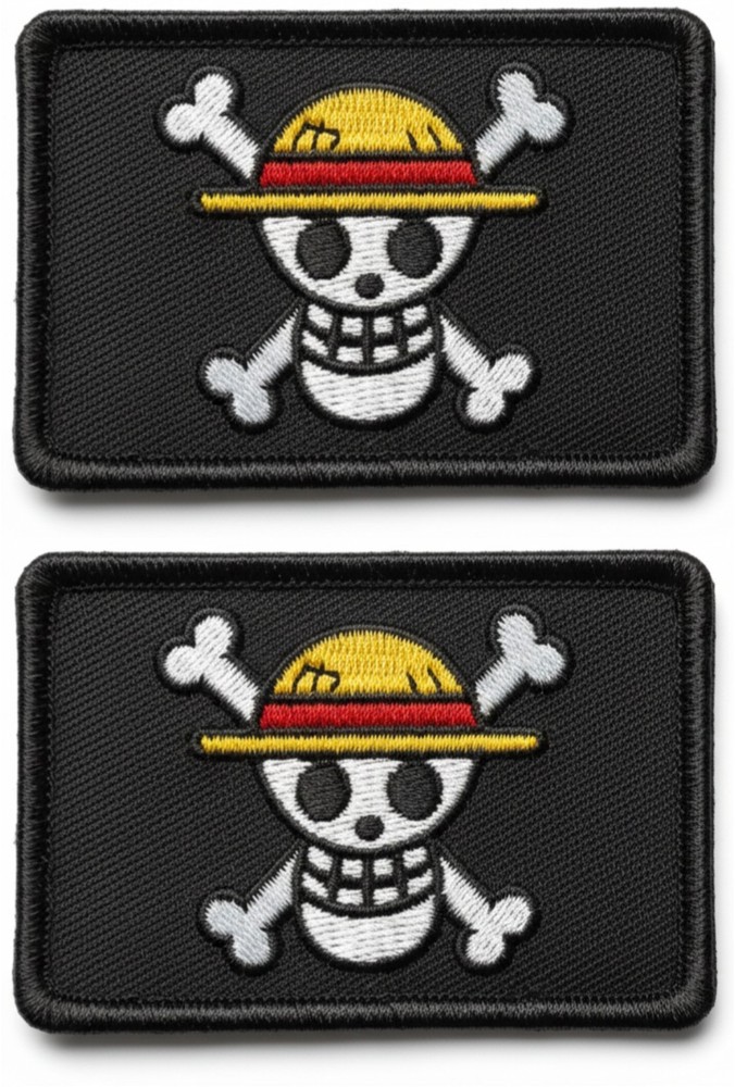Straw Hat Pirate Flag Embroidered Morale Patch  - 2PC  Hook Backing  3"X2"