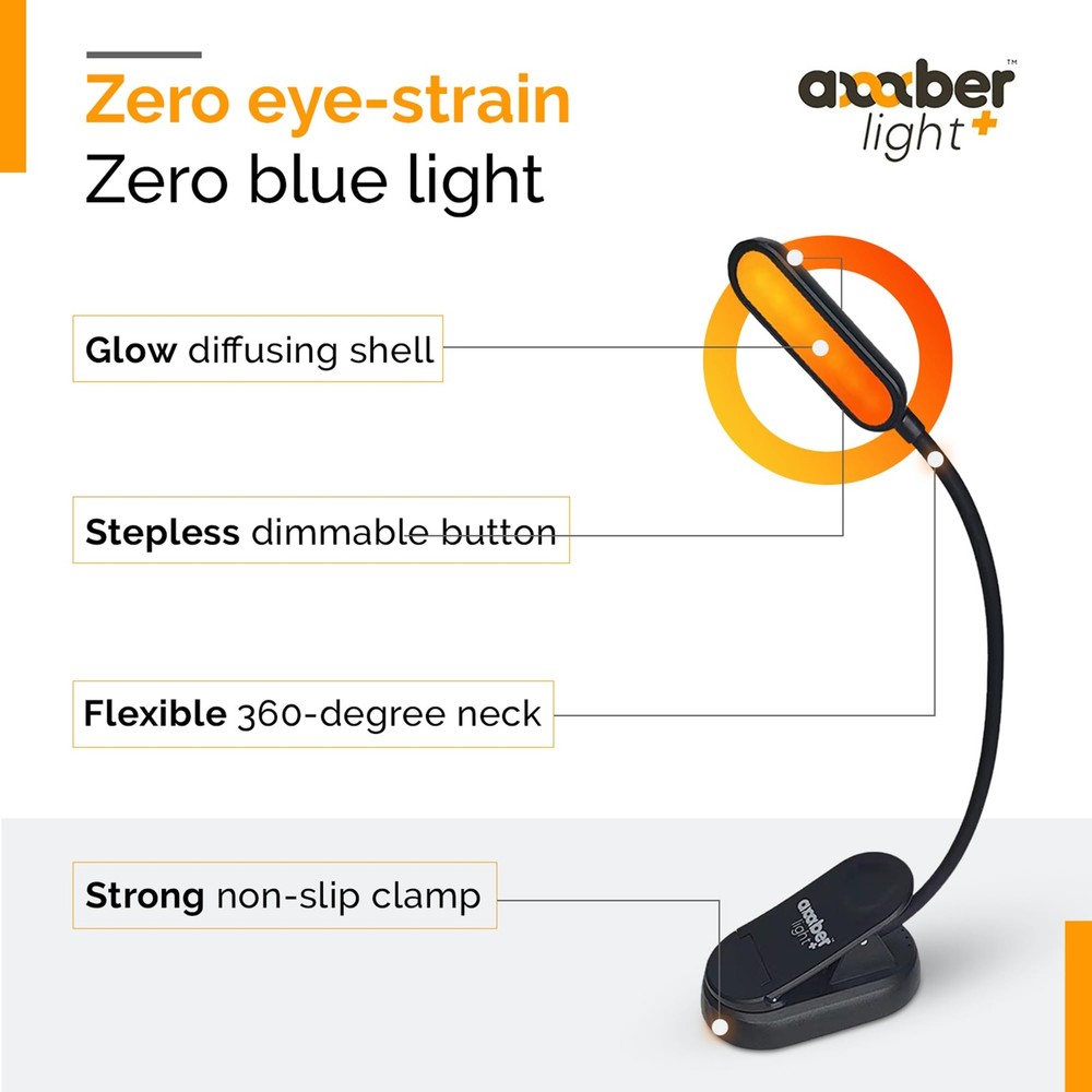 Amber Reading Light + Red Light. Giftable Blue Light Blocking Book Light for ...