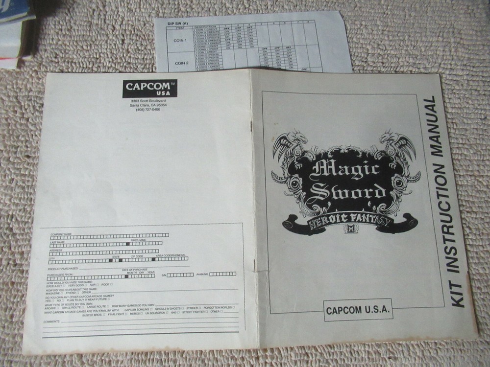 stained  MAGIC SWORD CAPCOM    original arcade video game  machine  manual