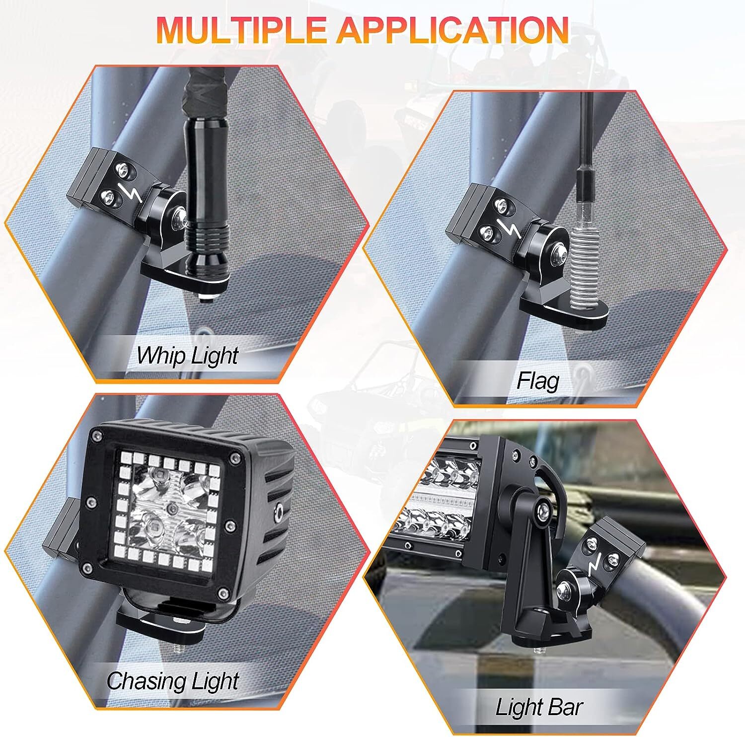 Heavy duty 1.75"-2" UTV Whip Light Flag Mount CNC Bracket for Polaris RZR Honda