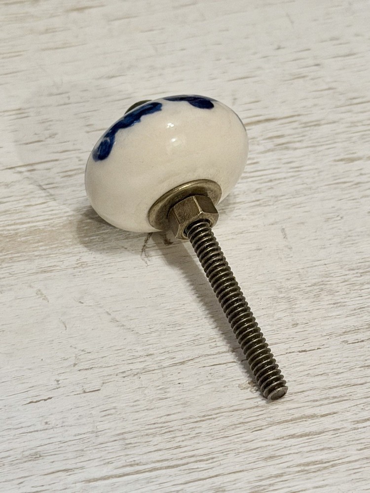 2 White Blue Antique Ceramic Porcelain Brass Drawer Cabinet Knobs Pulls 1.25"