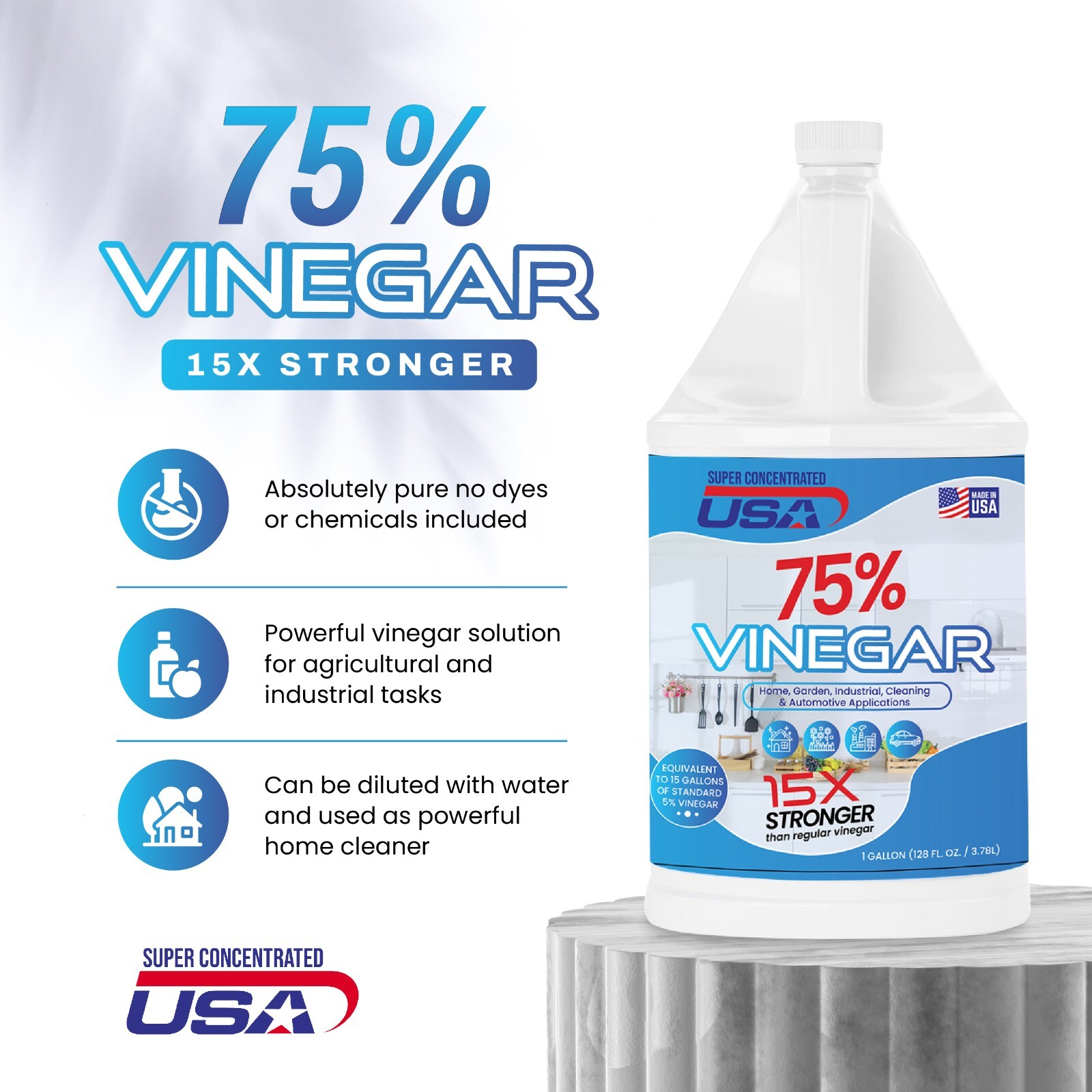 Super Concentrated USA 75% Pure Vinegar - Dilutes to 15 Gallons - 15x Power
