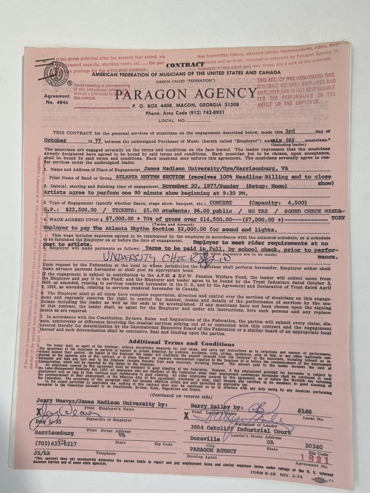 The Atlanta Rhythm Section Concert Contract 1977 Harrisonburg VA