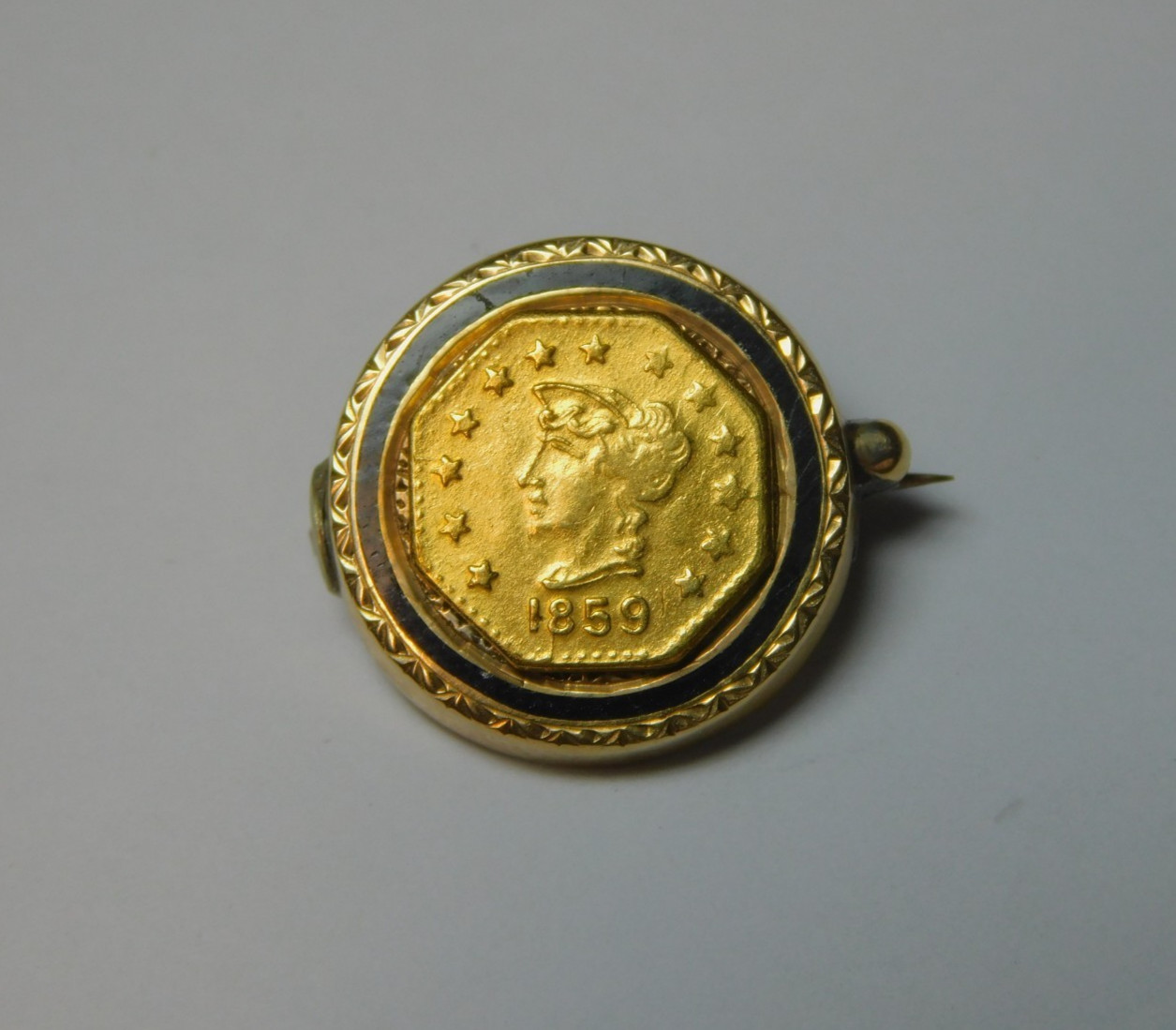 VERY UNUSUAL 1859 CALIFORNIA GOLD PIECE ON ENAMELED 10k GOLD PIN! FREE SHIPPING!