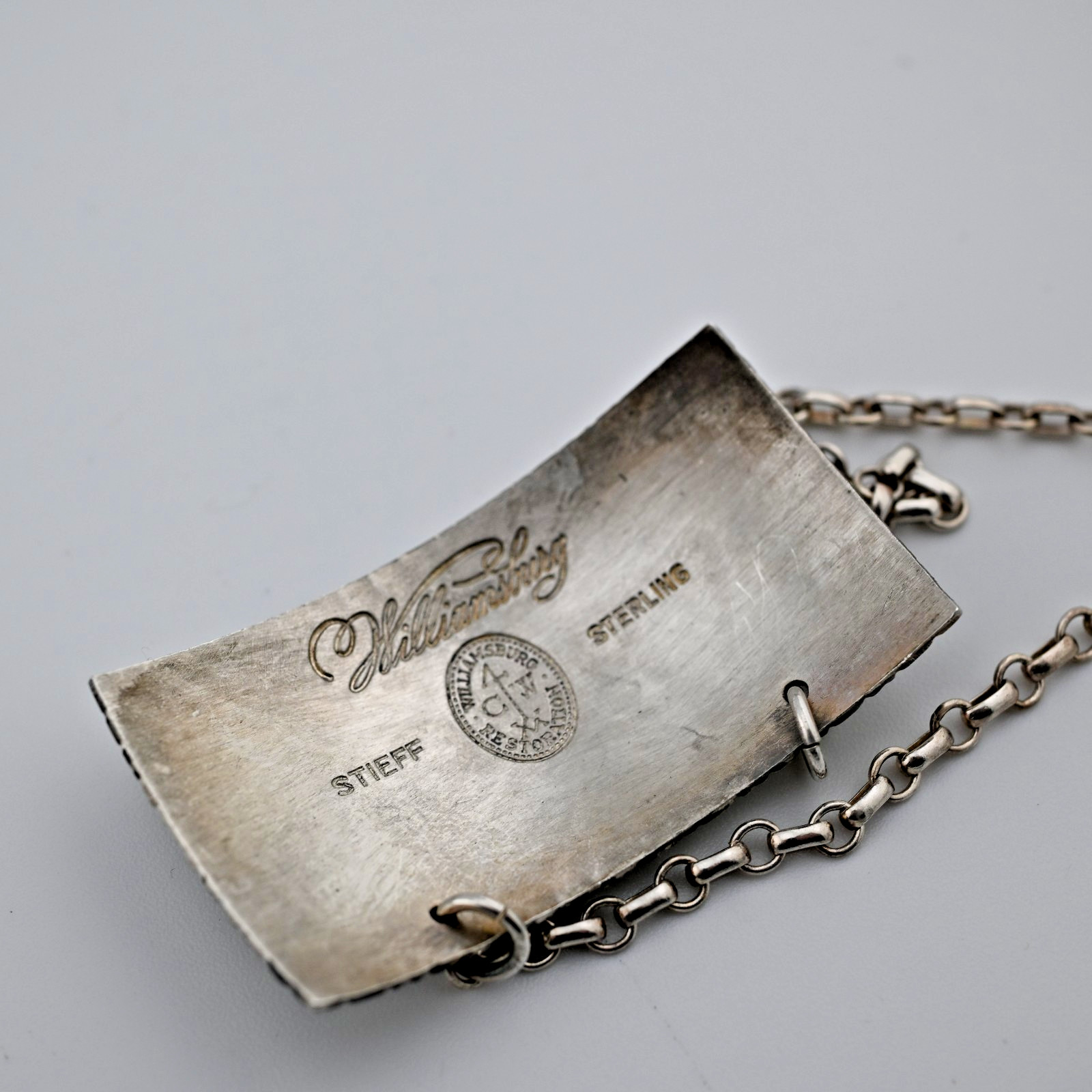 Sterling Silver Stieff Williamsburg Restoration Decanter Label Tag VODKA