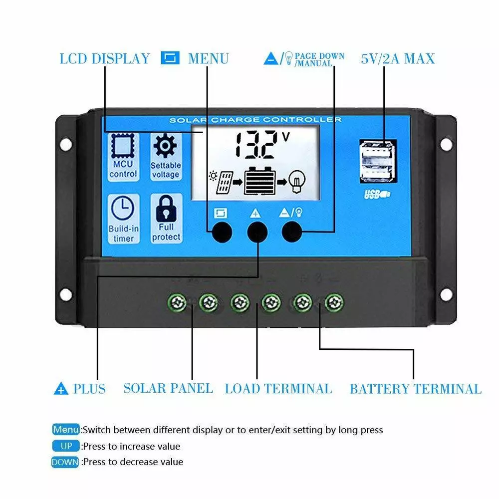 10A 20A 30A PV Solar Charge Controller USB With LCD Display Regulator