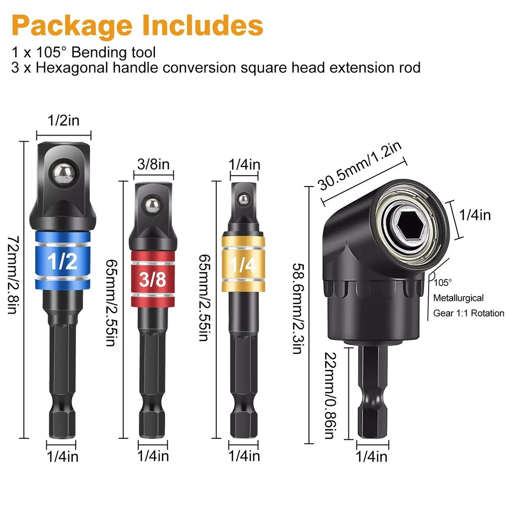 Socket Adapter Impact Hex Shank Drill Bits Set 1/4" 3/8" 1/2"+105° Right Angle