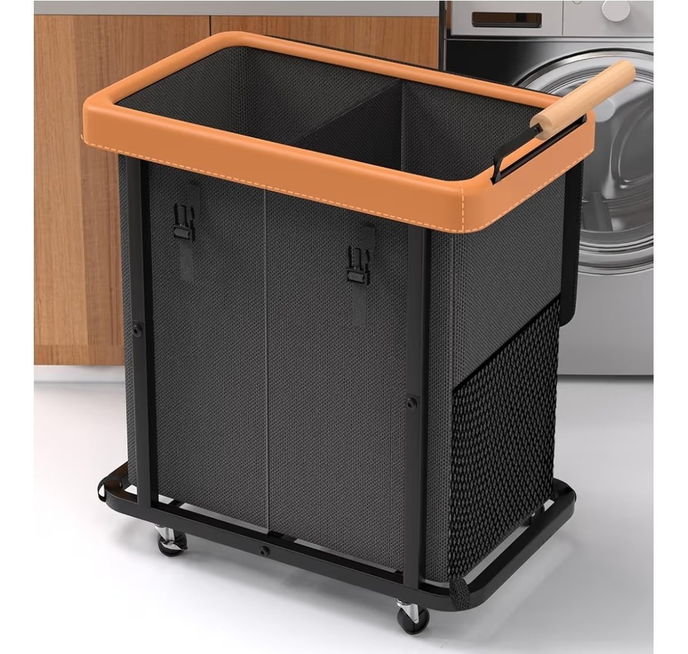 50 Gal (190L) Laundry Hamper 2 Section with Lid,Leather Patchwork Laundry Bas...