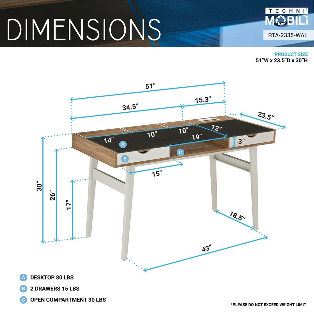 Techni Mobili Compact Computer Desk Workstation with Multi-compartment Storages