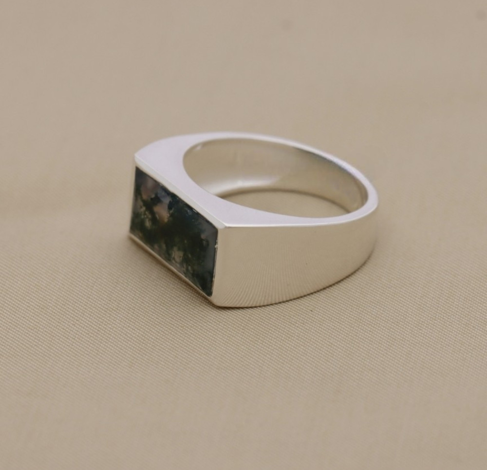 Sterling Silver Moss Agate Rectangular Signet Ring – Unique Natural Gemstone Des