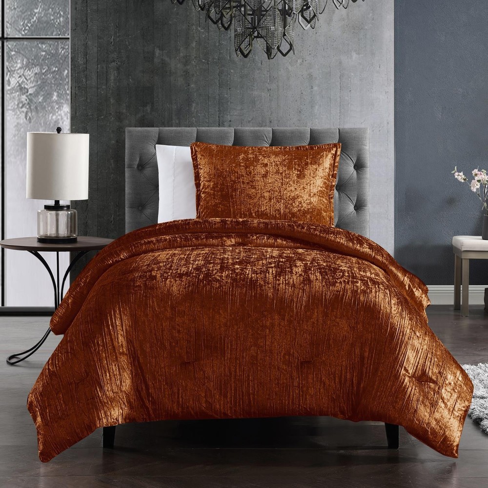 Solid Spice Orange Crinkled Velvet 2 pc Comforter Set Twin Glam Elegant Bedding