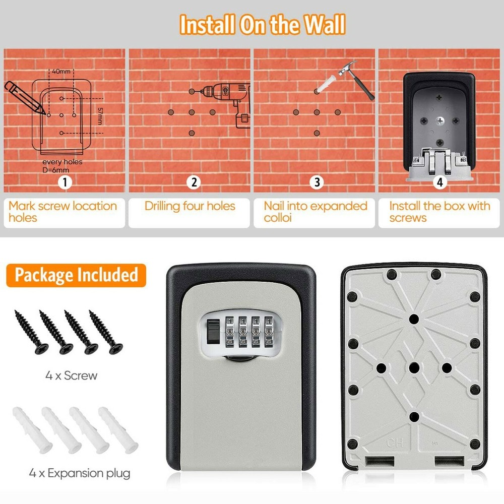 4 Digit Combination Key Lock Box Wall Mount Safe Security Storage Case Organizer