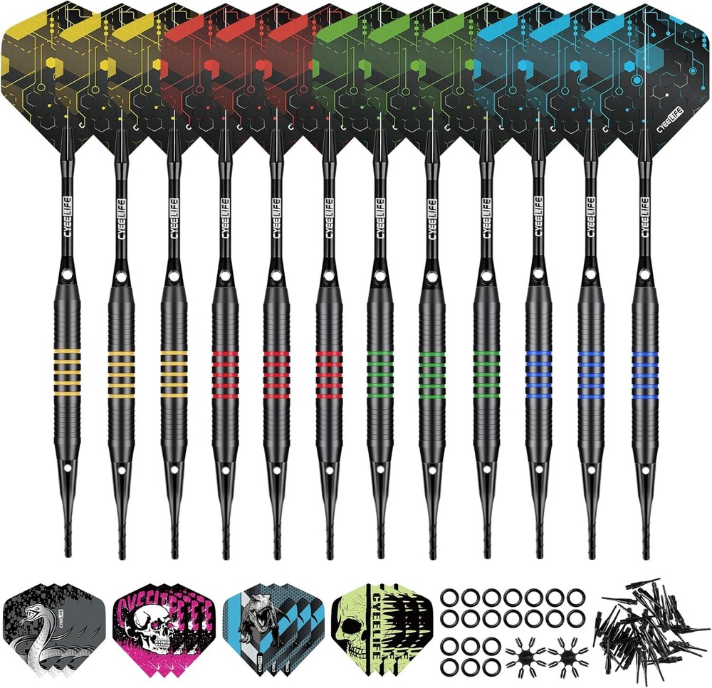 Professional Soft Tip Darts Set - 12 Pack with Colored Barrels & Extra Tips
