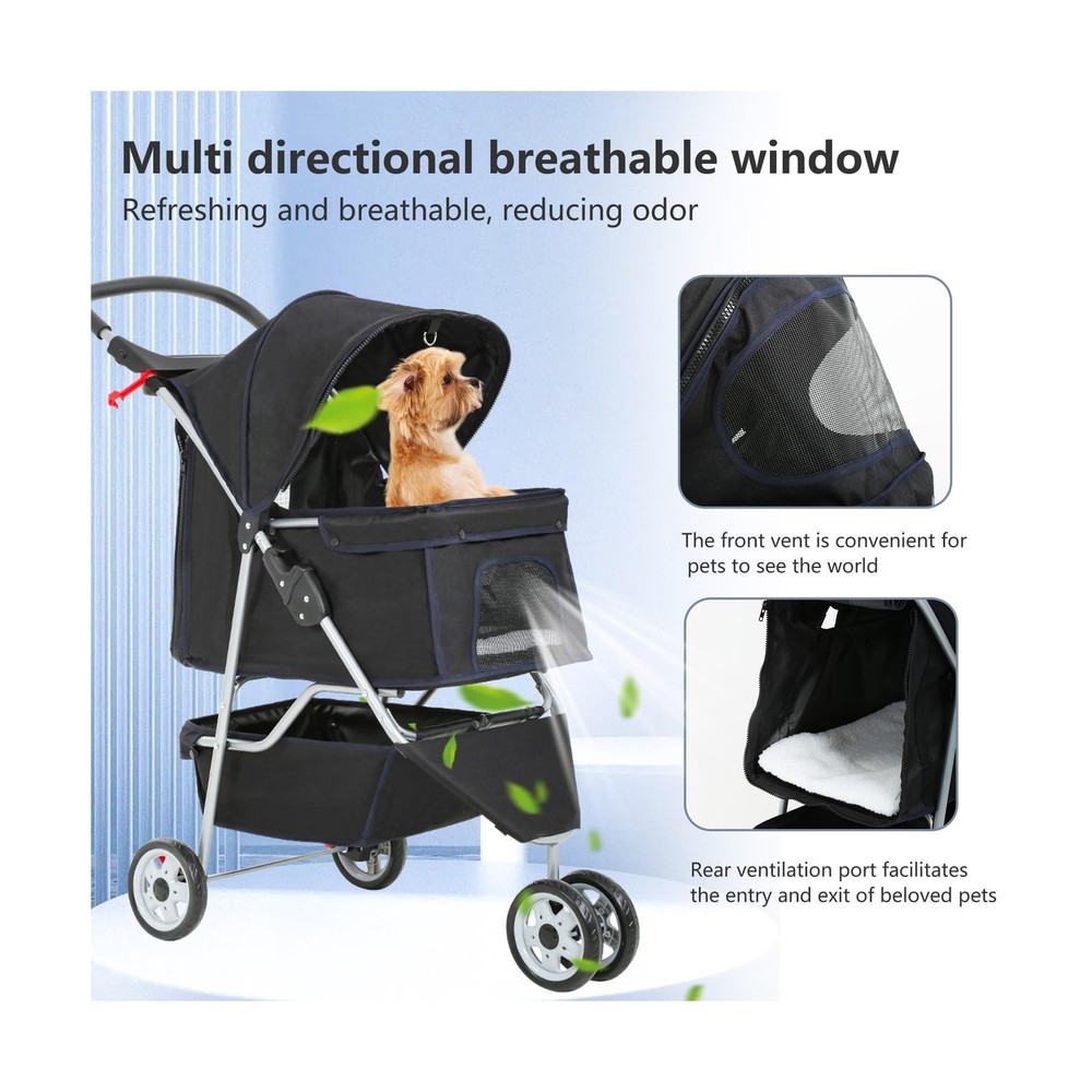 FDW Pet Stroller Foldable Dog Stroller 3-Wheel Durable Cat Jogger Stroller fo...