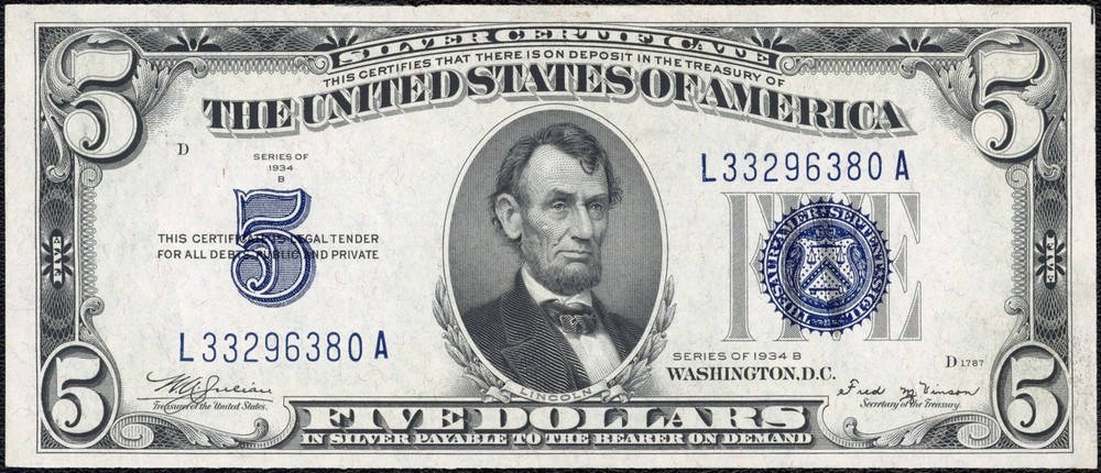 1934 B $5 Five Dollar Silver Certificate Note Fr#1652