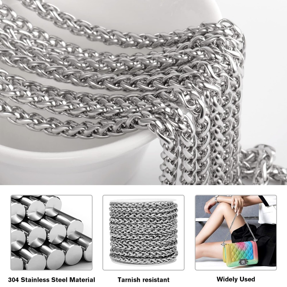 33 Feet Stainless Steel Wheat Chain Roll, 4mm Width 304 width