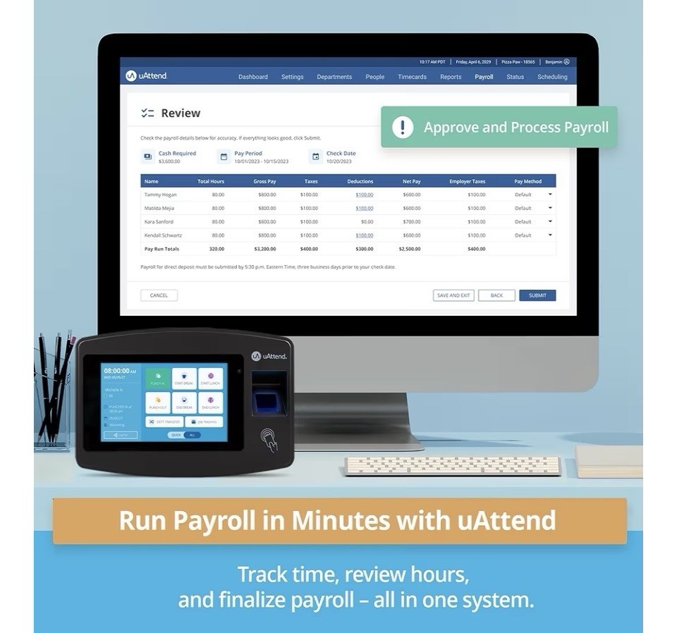 JP2000 Payroll Time Clock, Cloud Payroll Engine w/ Biometric & RFID, $100 Credit