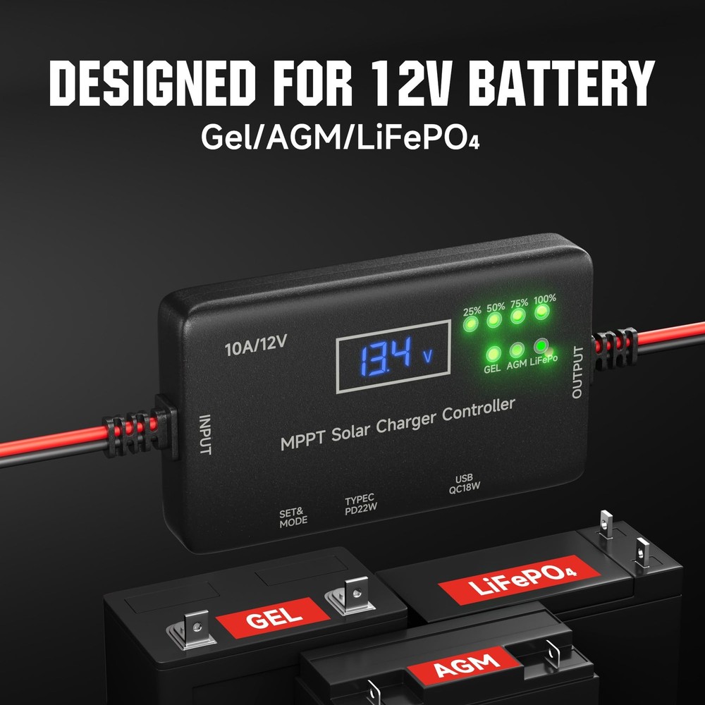 MPPT Solar Charge Controller 12V 10A, Solar Panel Charge Controller with Type...