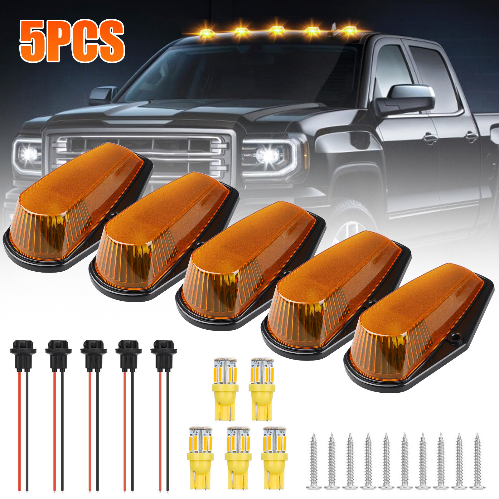 5Pcs For Ford F150 F250 F350 1980-1997 Amber LED Roof Top Cab Marker Lights Kit
