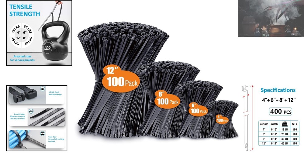 Multi-Purpose Nylon Zip Ties 400 Pack - Assorted Sizes 4”-12” with High Strength
