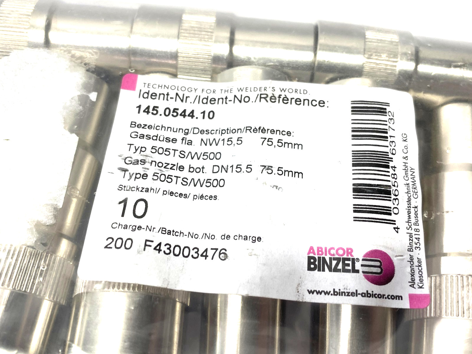 Abicor Binzel 145.0544 Gas Nozzle Robo C-Thread Bfm 15.5 x 75.5 PKG OF 10