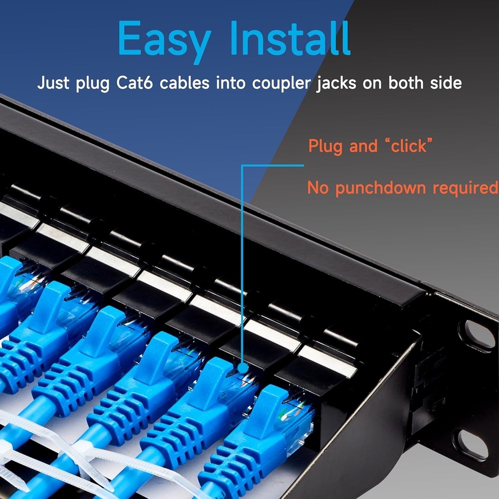 24 Port RJ45 Patch Panel Cat6 Feed Through, Coupler Network Panel 19 Inch, In...