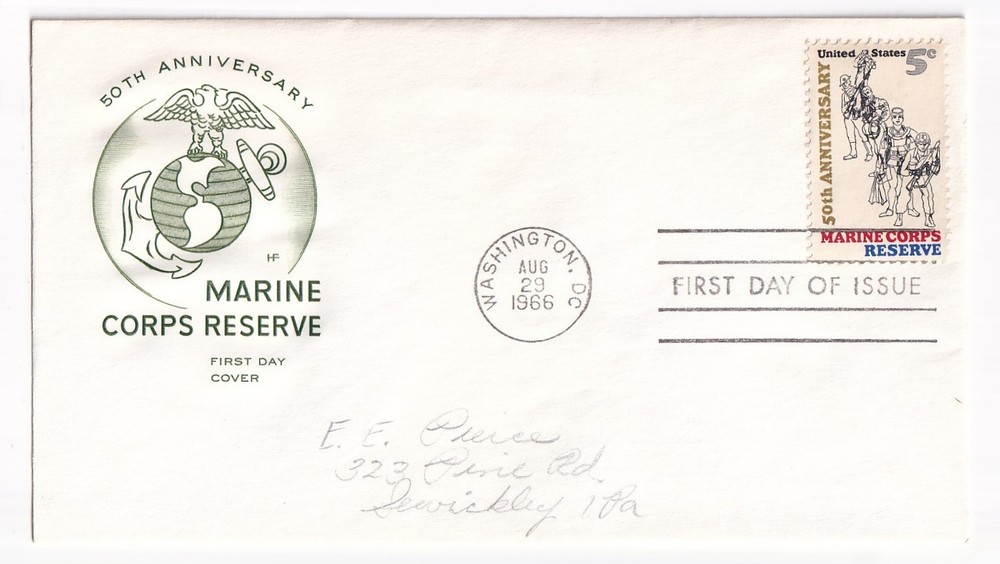 STAMP US SCOTT 1315 "Marine Corps Reserve" 5 CENT 1966 FDC - B