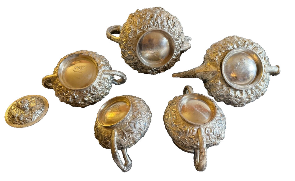 Rare American Quadruple Plate Repousse Five Piece Tea Set
