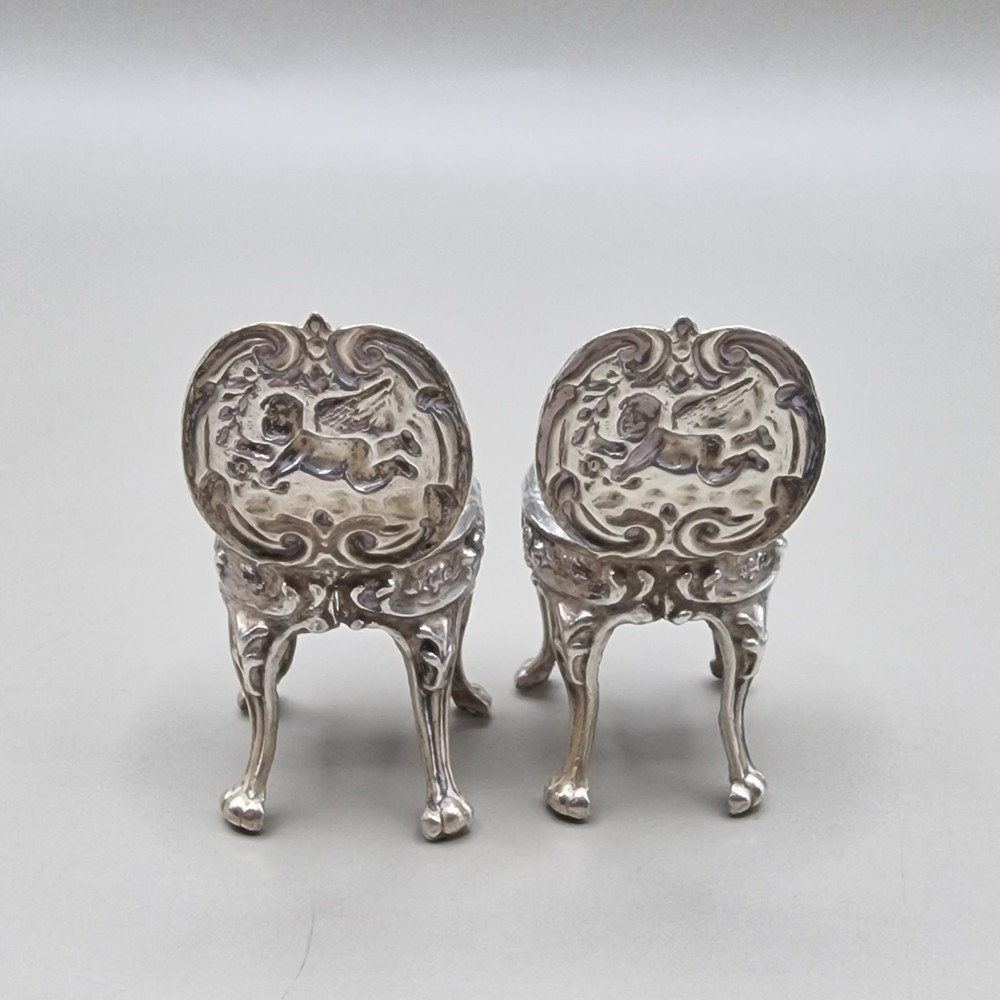 Vintage Solid Silver Miniature Dollhouse Table & Two Cherub Chairs