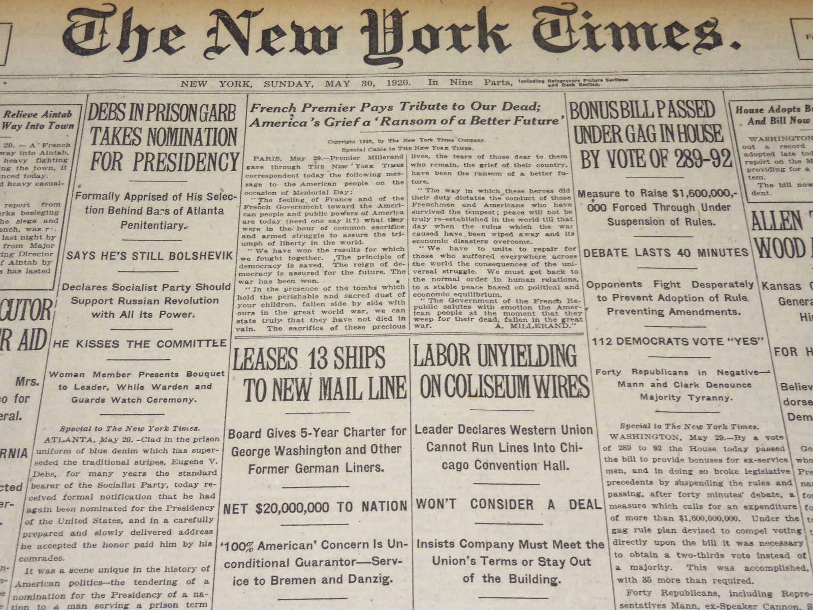 1920 MAY 30 NEW YORK TIMES - DEBS IN PRISON GARB TAKES NOMINATION - NT 8678