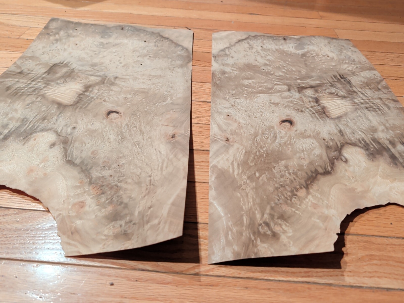 Myrtlewood burl veneer 2 pieces 18 1/4" x 11 5/8" each wood 1/42" raw