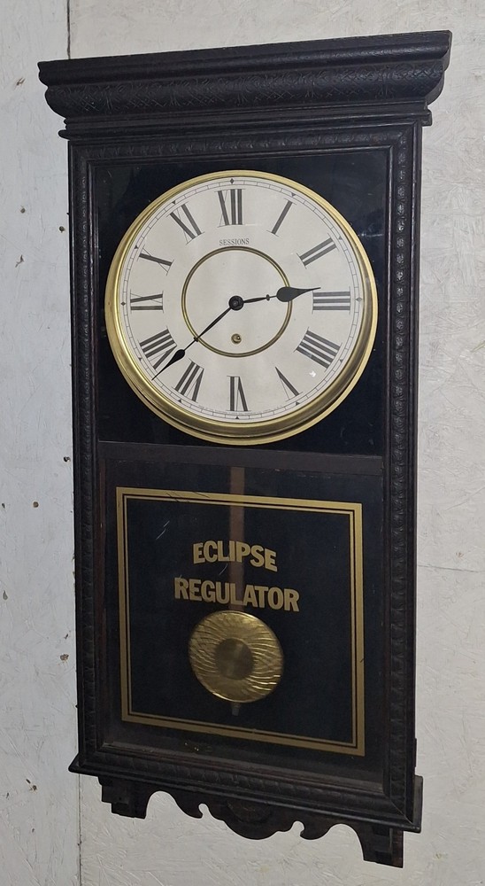 ANTIQUE SESSIONS SHOP REGULATOR "ECLIPSE" WALL CLOCK PENDULUM & KEY WORKING