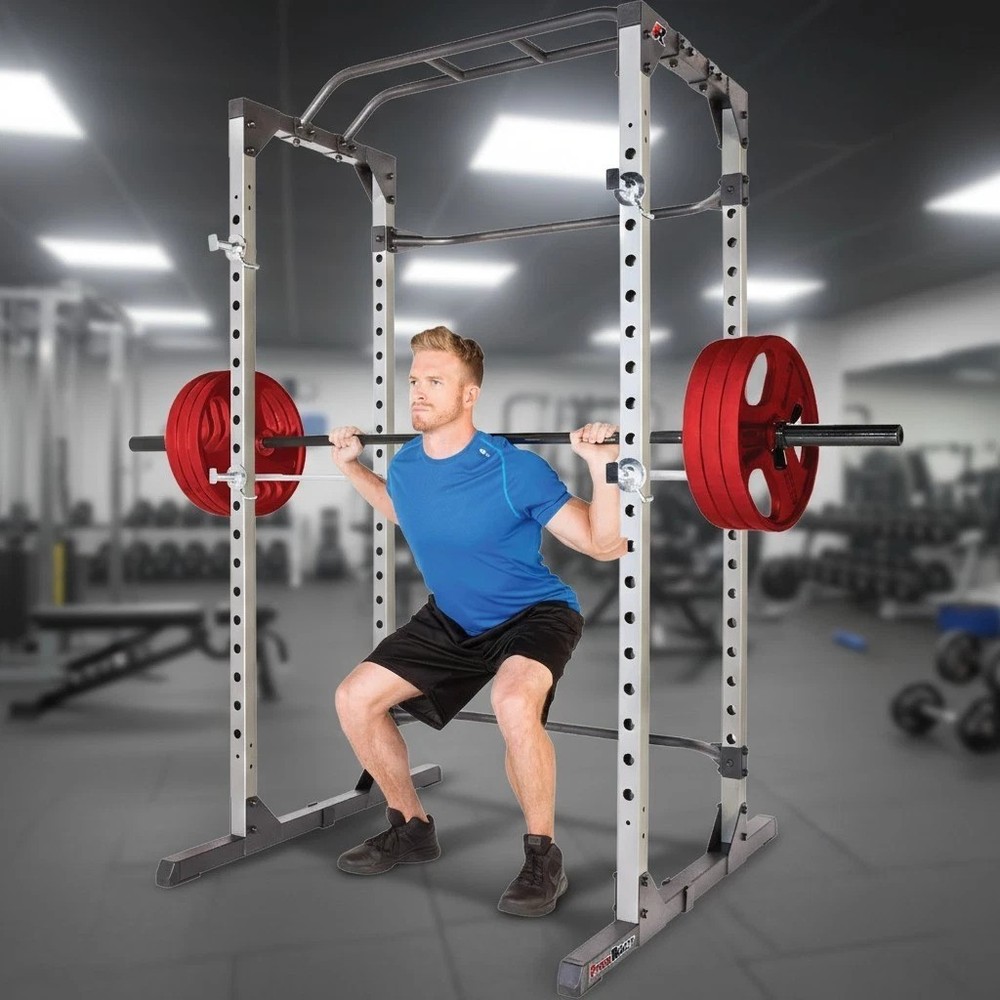 Durable Squat Rack Power Cage with Multi-Grip Pull-Up Bar & Cable Crossovers