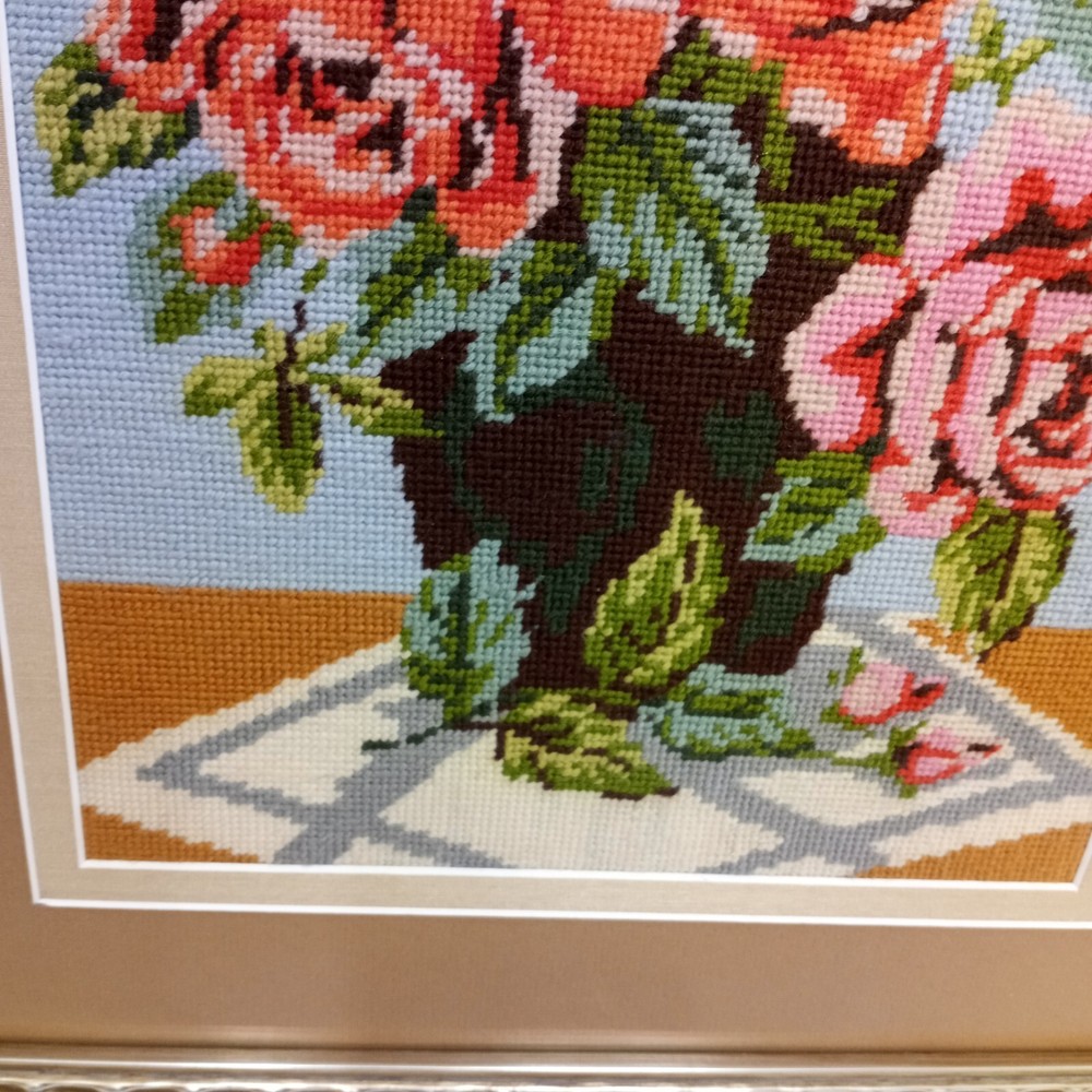 Beautiful Vintage Roses Needlepoint Framed Artwork