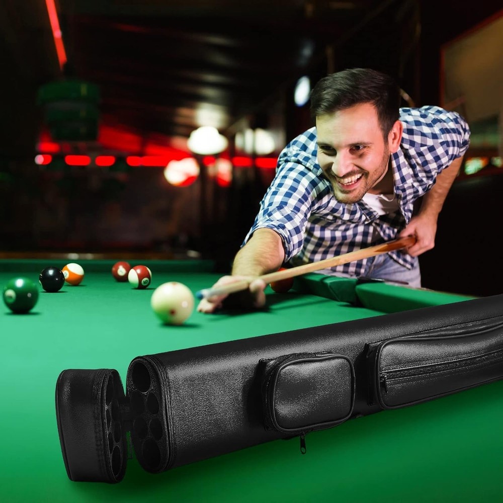 Durable PU Leather Oval Billiard Cue Case with Adjustable Strap & 2 Chalk Cubes