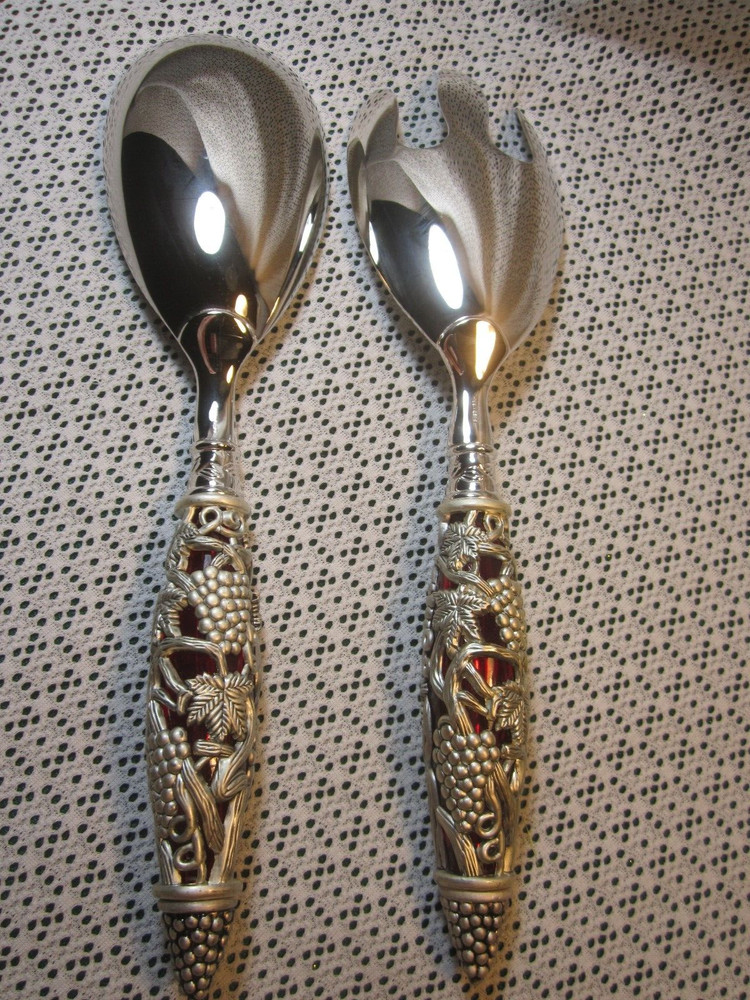 Neiman Marcus Silver Plate 2 Piece Ruby Red Handle Godinger Serving Spoon Fork