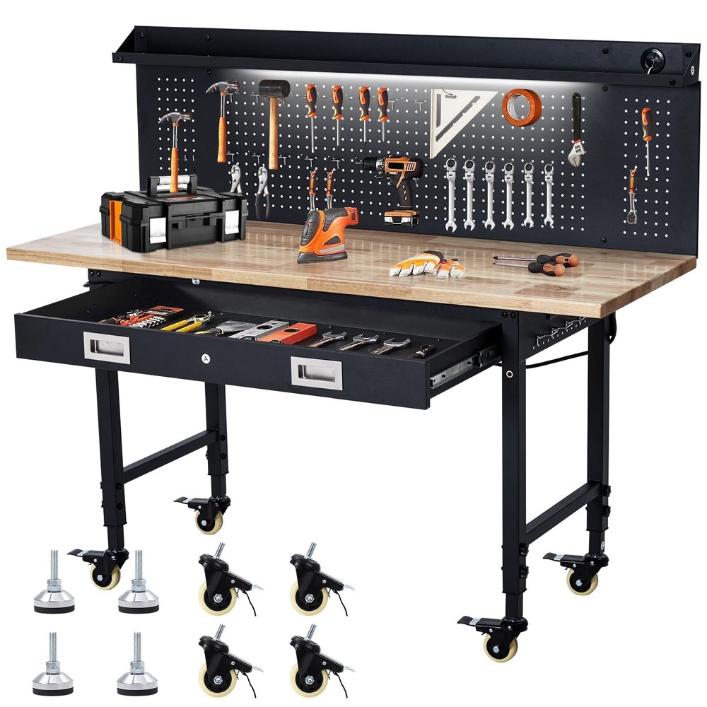 60" Adjustable Workbench ,Heavy Duty Garage Work Table with Pegboard and Drawer