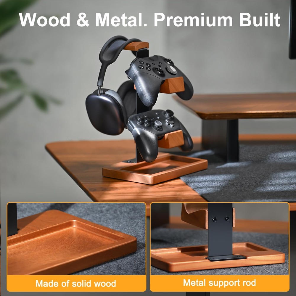 Solid Wood Controller Holder and Headphone Stand, Gaming Controller Stand for...
