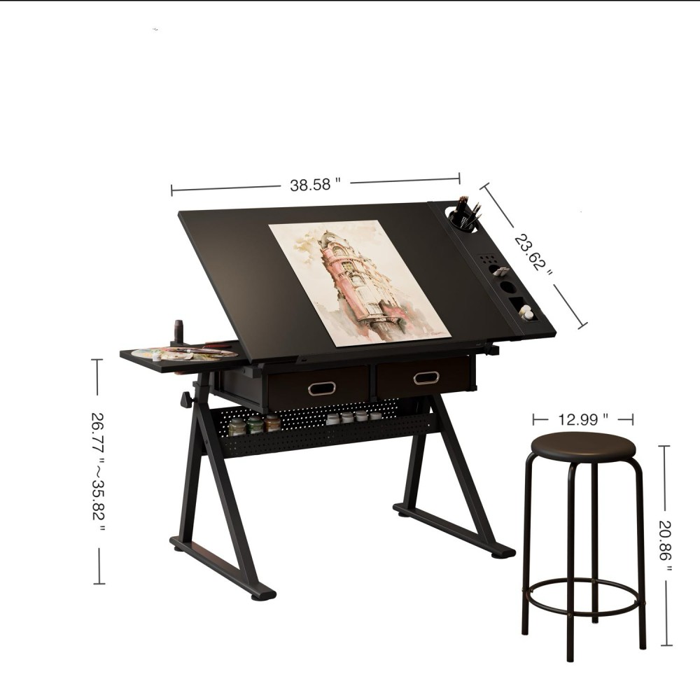 Adjustable drawing drafting table desk for home office and school with stool
