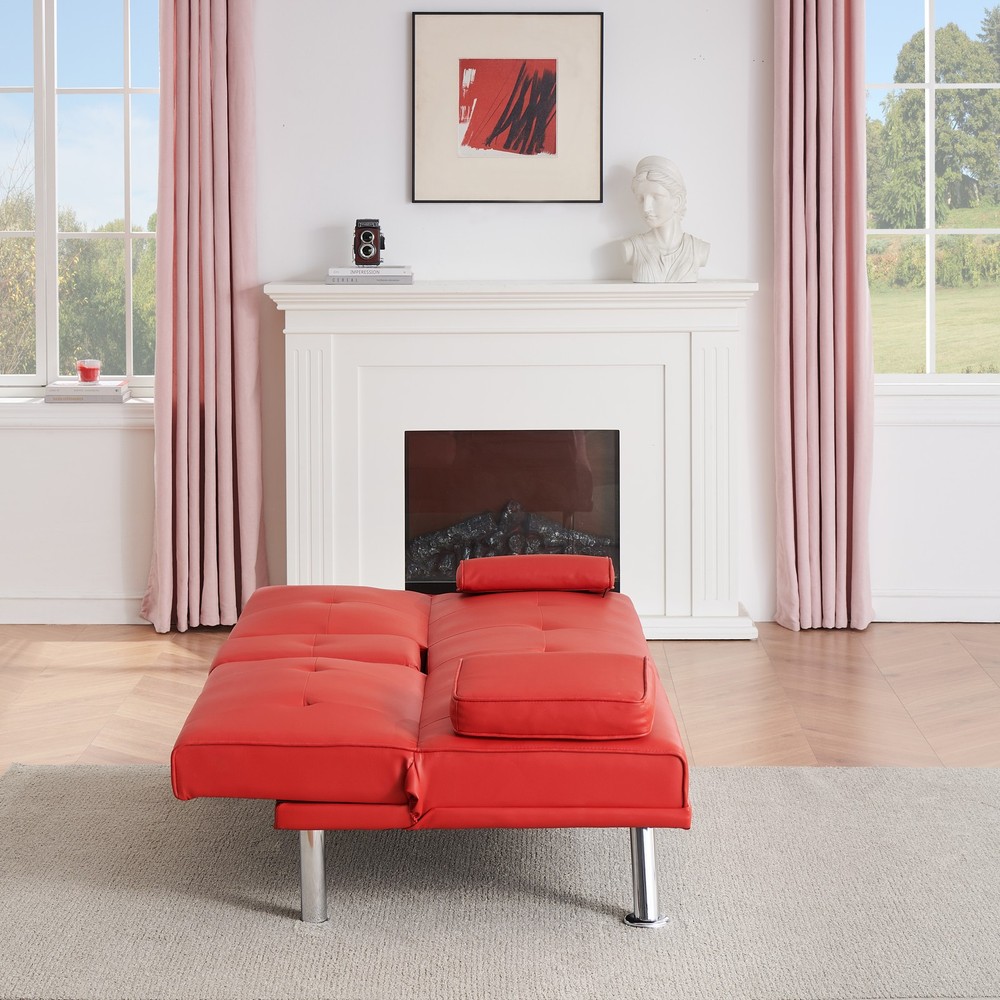 67-inch Red Leather Multifunctional Double Folding Sofa Bed with Coffee Table