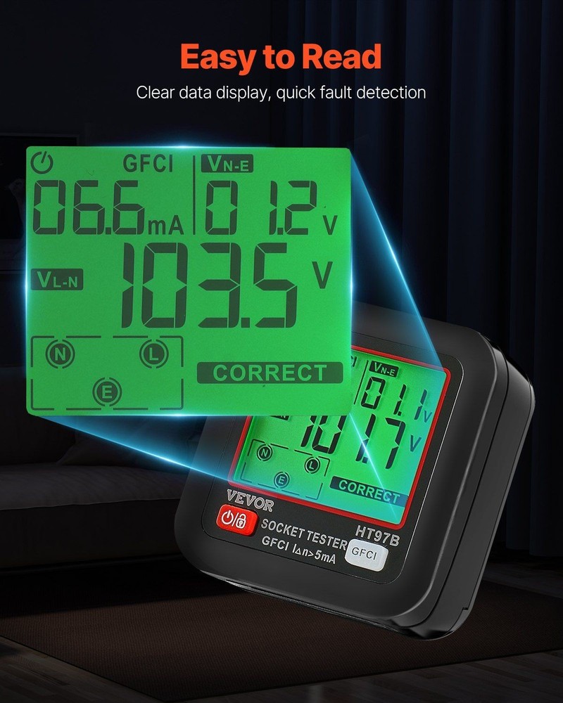 Convenient Electrical Tester with Clear LCD and GFCI Test Capability