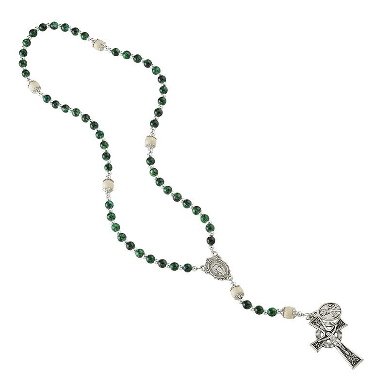 St Patrick Irish Celtic Wire Rosary Green Marbled Glass Beads Miraculous Center