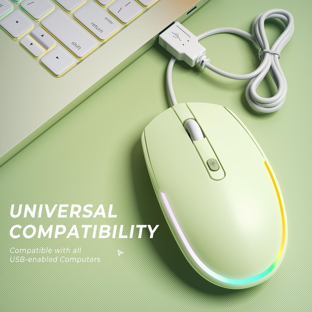 Wired Mouse with RGB Backlit USB Computer Mice Attached Cord Green