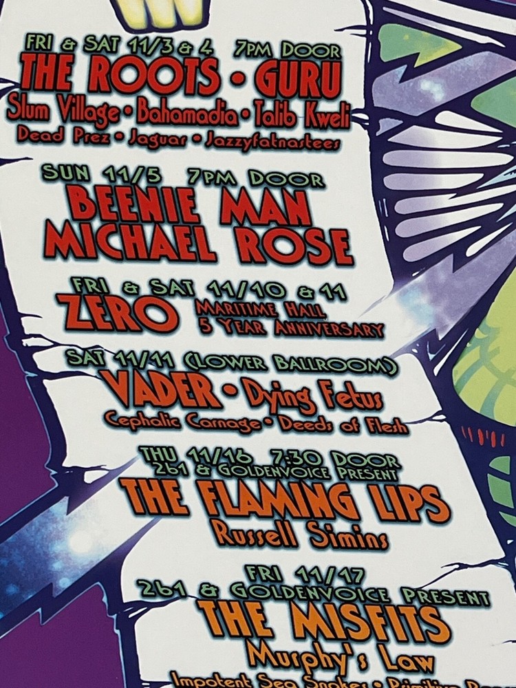 Maritime Hall Poster - Nov 2000 - The Roots, Zero, Flaming Lips, Misfits ++