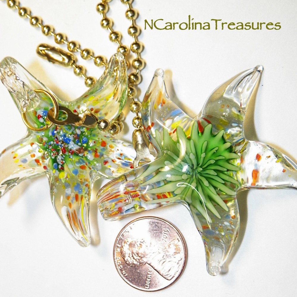 FIRE BURST GREEN STAR STARFISH GLASS CEILING FAN LIGHT SWITCH PULL LARGE PAIR