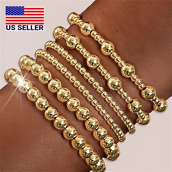Gold Beaded Stretch Bracelet Set – 6 PCS | Women’s Stackable Layered U