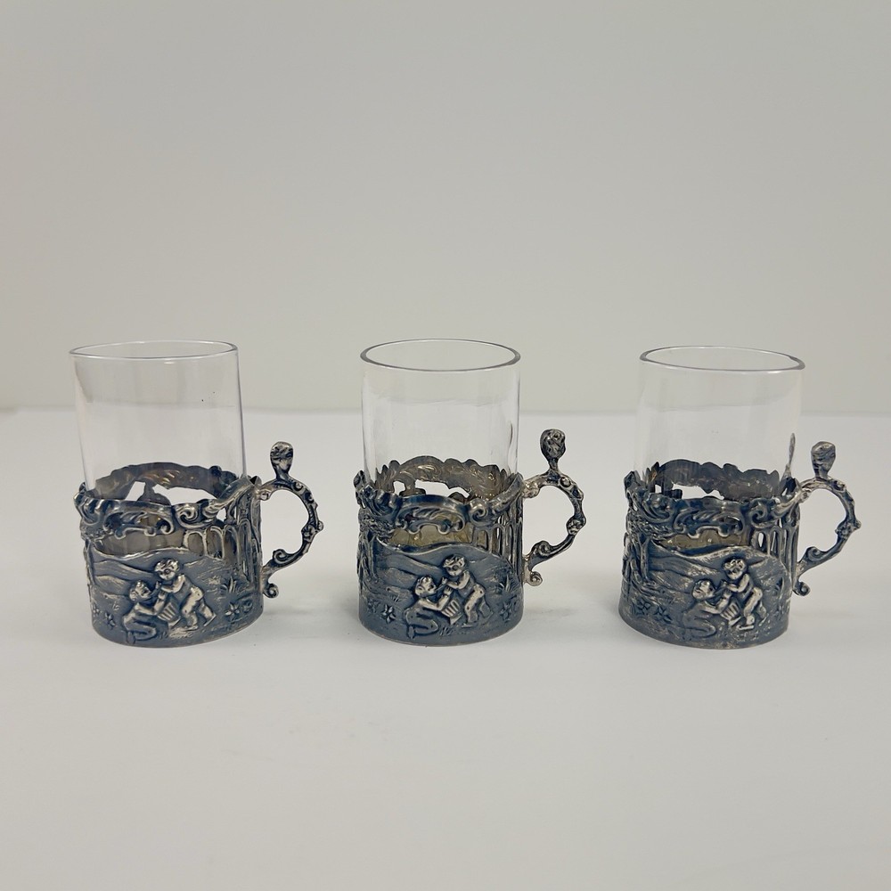 Antique 1903 WC Sterling William Comyns Repousse Tea Holders & Glass Inserts